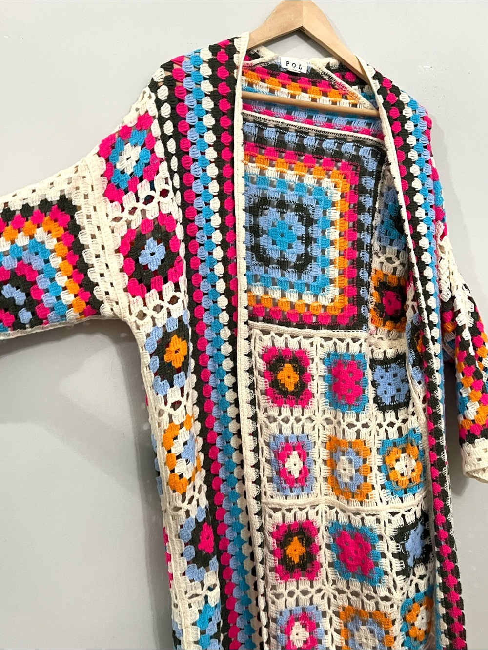 POL Colorful Granny Square Crochet Long Duster Cardigan one size boho - Picture 3 of 9
